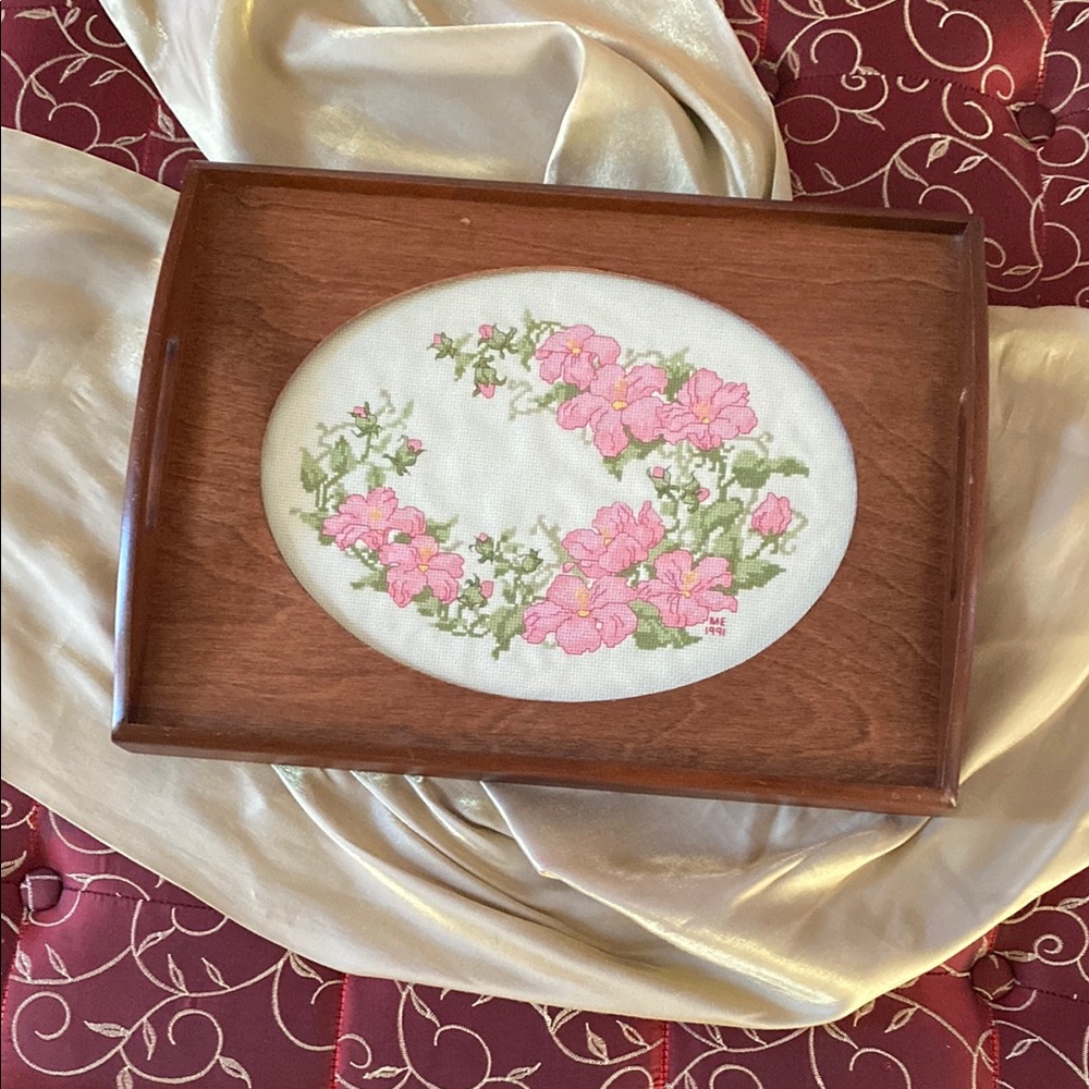 Vintage Needlepoint in Wooden Serving Tray with Glass Pink Flowers 16 1/2 X12”